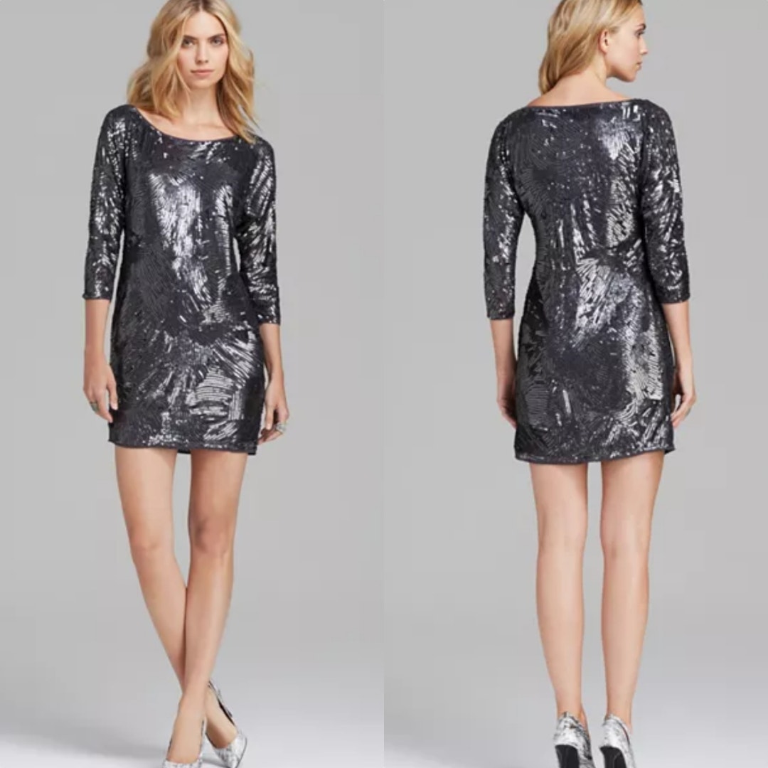 Trina Turk Sz 0 Audra Dark Silver Sequin Georgette Shift Holiday Party Dress